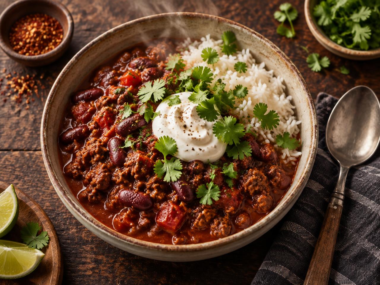 Generous bowl of beef chilli with rice, ready to heat and eat