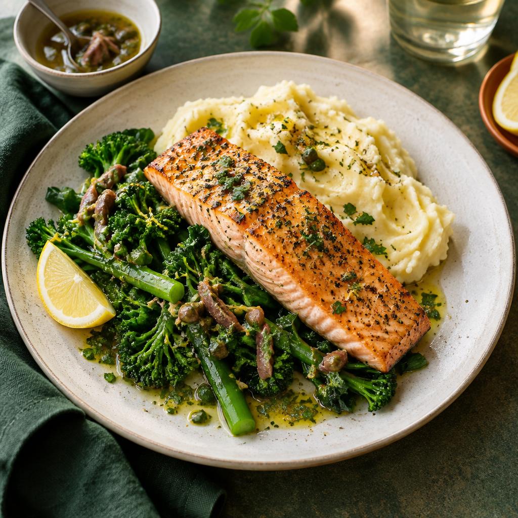 Salmon with Creamy Mash, Greens & Anchovy Dressing